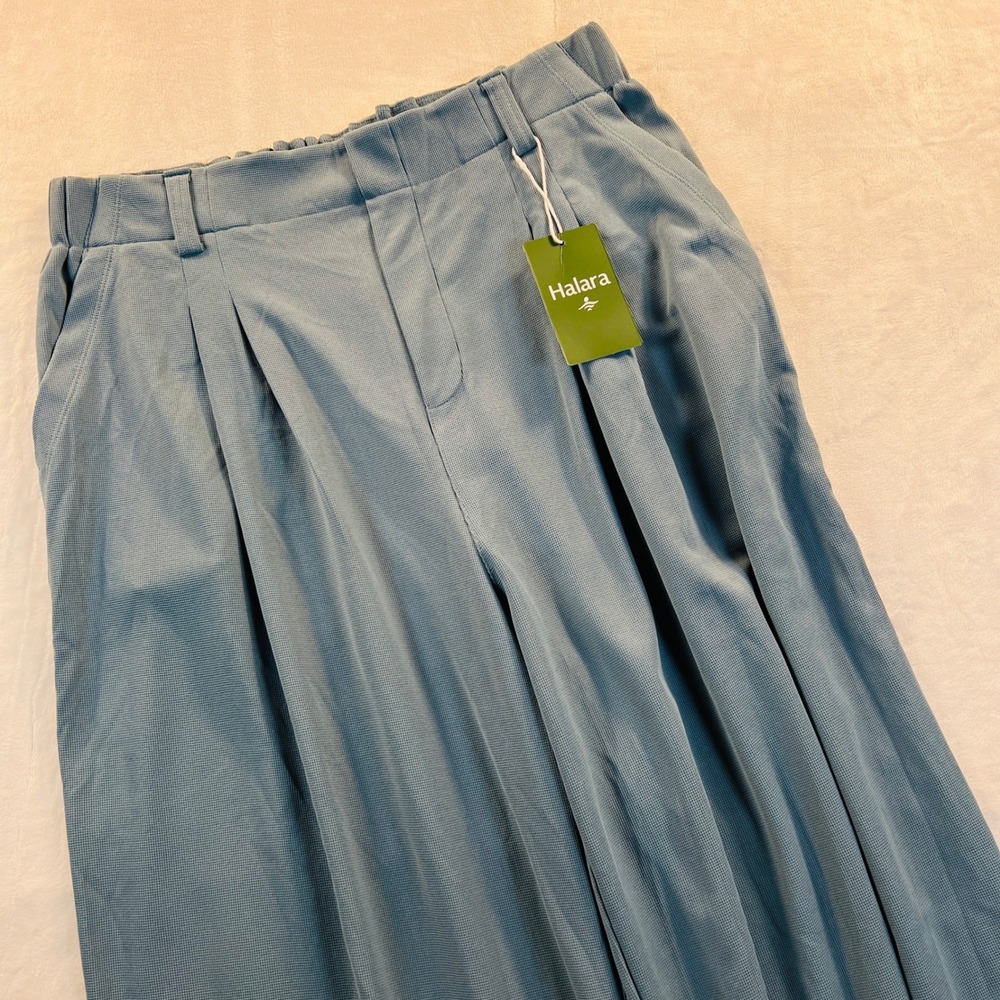 Halara Dusty Blue Waffle Knit Pleated Wide Leg Work Pants Size Large Tall - Picture 1 of 7